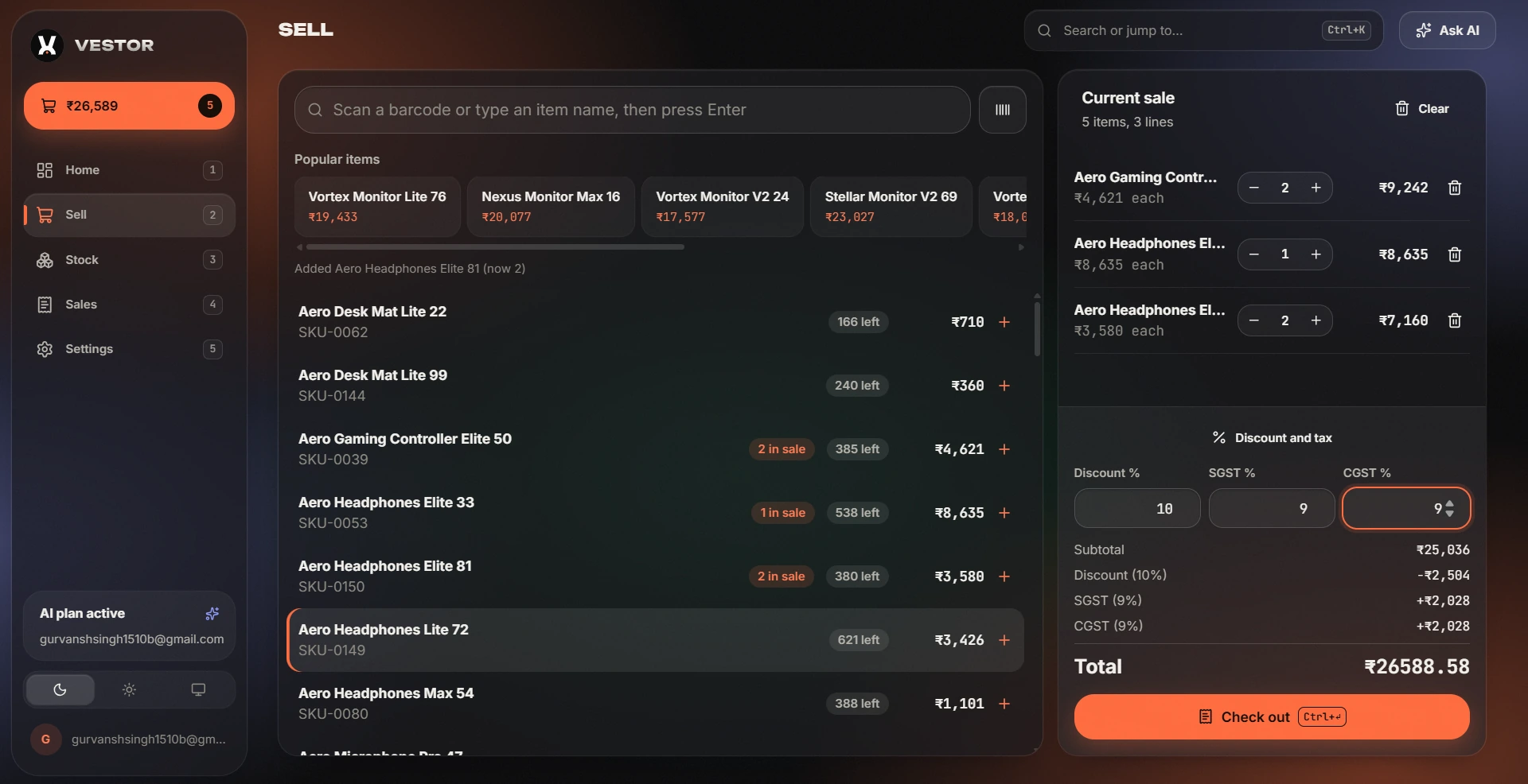 Vestor sell screen with barcode search, popular items, cart, discount, GST and check out